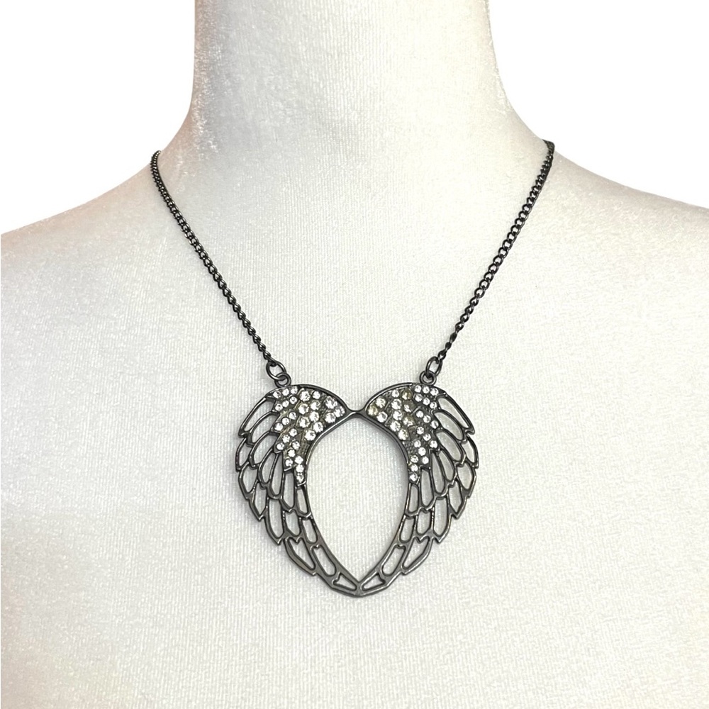 Maurices Black Metal Rhinestone Heart Shaped Angel Wings Necklace